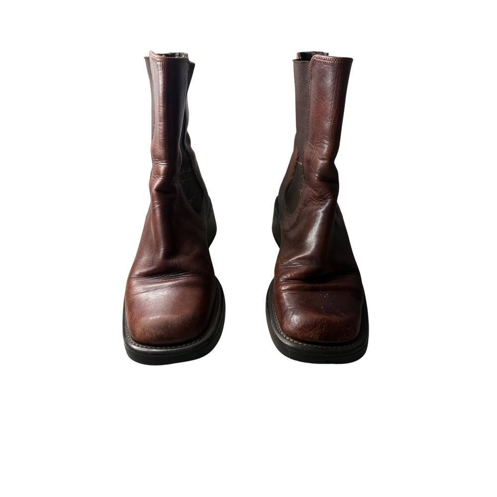 VTG Hilliard  Brown Leather Square Toe Chelsea Boots Block Heel Womens 37.5